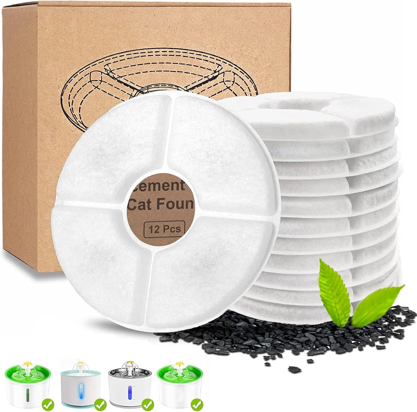 Pet Water Fountain Filters Replacement,Cat Water Fountain Filter, Activated Carbon Replacement Filter for Cat Flower Water Fountain (12Pack)