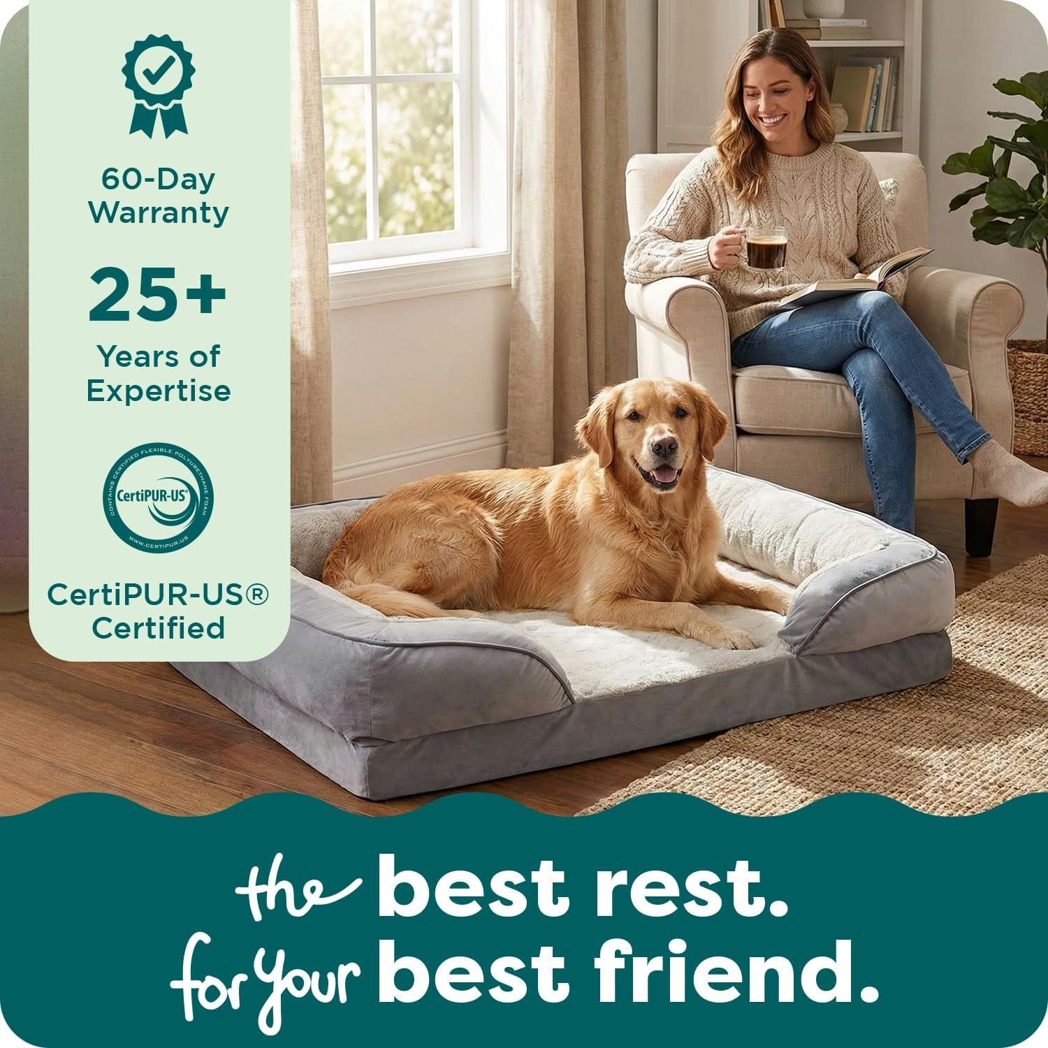 Memory Foam Dog Bed for Large Dogs W/ Removable Bolsters & Washable Cover, for Dogs up to 95 Lbs - Plush & Velvet Waves Perfect Comfort Sofa - Brownstone, Jumbo/Xl
